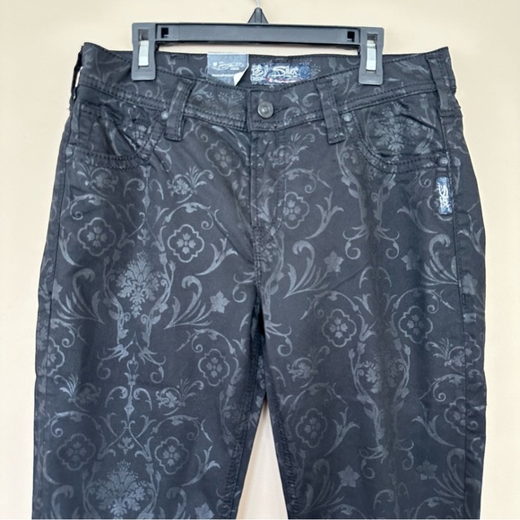 Silver Jeans W30 L31 Super Skinny Floral Brocade Black Mob Wife Embroidered Pant - Picture 3 of 14